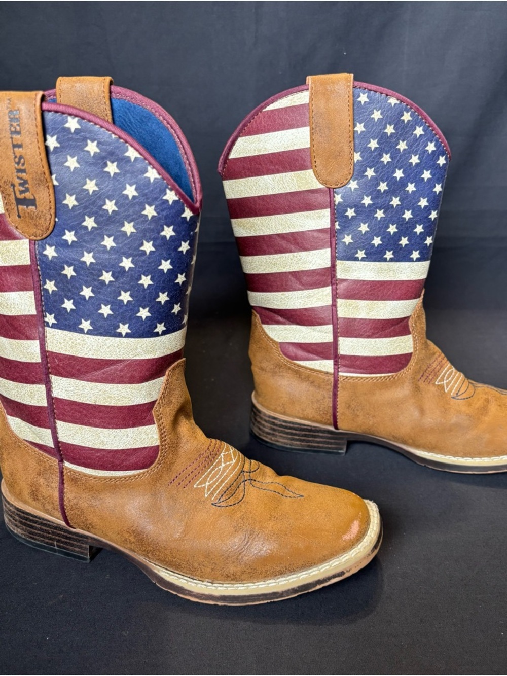 Twister boys size 1 Jacob western brown boots square toe vintage USA flag design